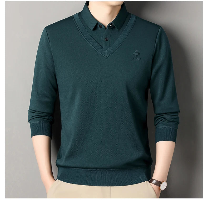 Men's Winter Sweater Velvet Pullover Solid Color Slim Fit Elegant Luxury Brand Knitwear Fake Two Pieces Knitted Sweaters