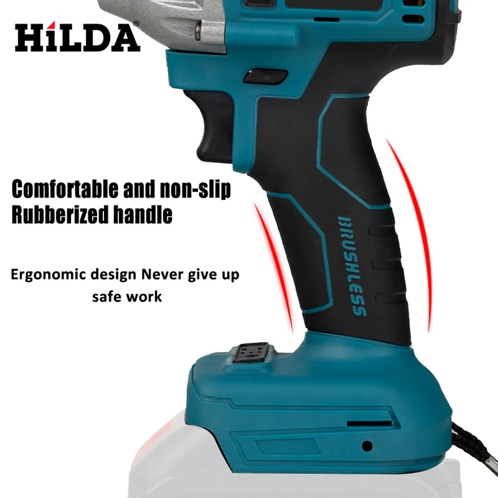 HILDA 18V Blue Brushless/Brushed Electric Impact Wrench Rechargeable 1/2 Socket Wrench Cordless for Makita Battery