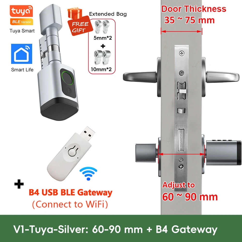 RAYKUBE V1 Adjustable TT Lock/ Tuya Bluetooth Smart Fingerprint Digital Cylinder Lock with APP/Password/RFID Card/Key  unlock