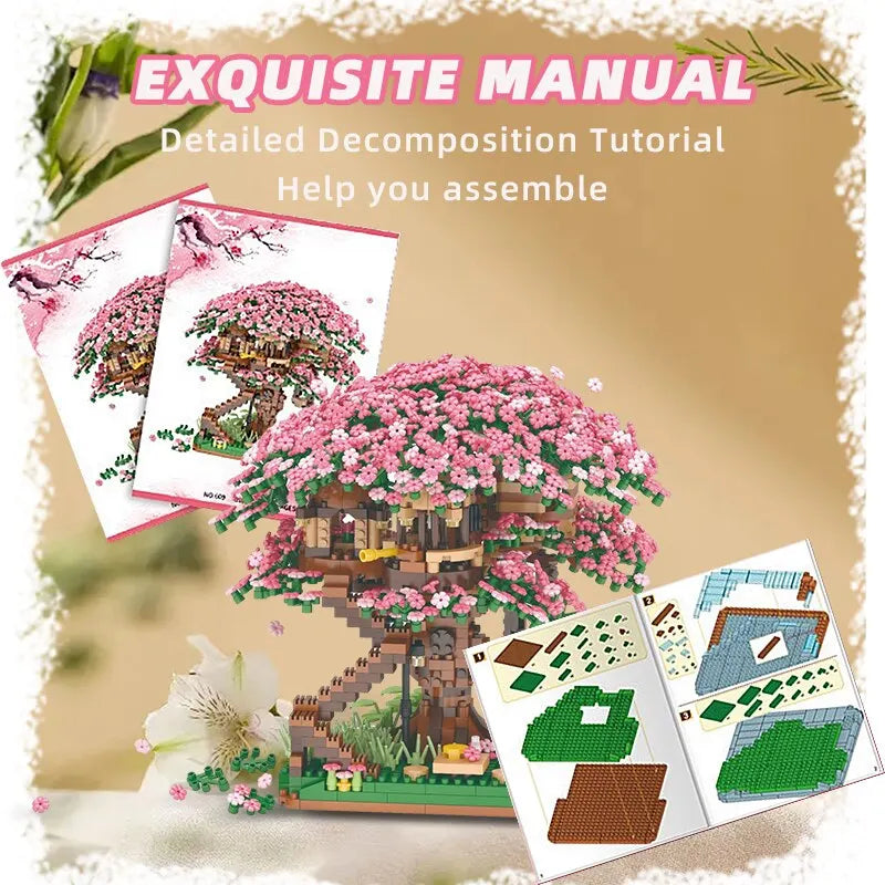 2008PCS Mini Sakura Tree House Building Blocks Cherry Blossom Plant City Street View Bricks DIY Model Ornament Toy Children Gift