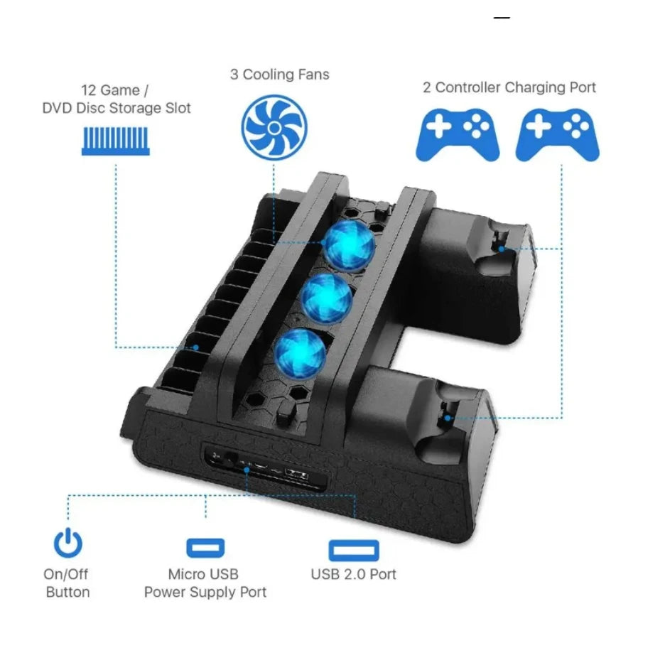 Cooling Stand For PS4 Slim Pro With Controller Charging Station Handle Charger Dock With Discs Slot Game Card For PlayStation 4