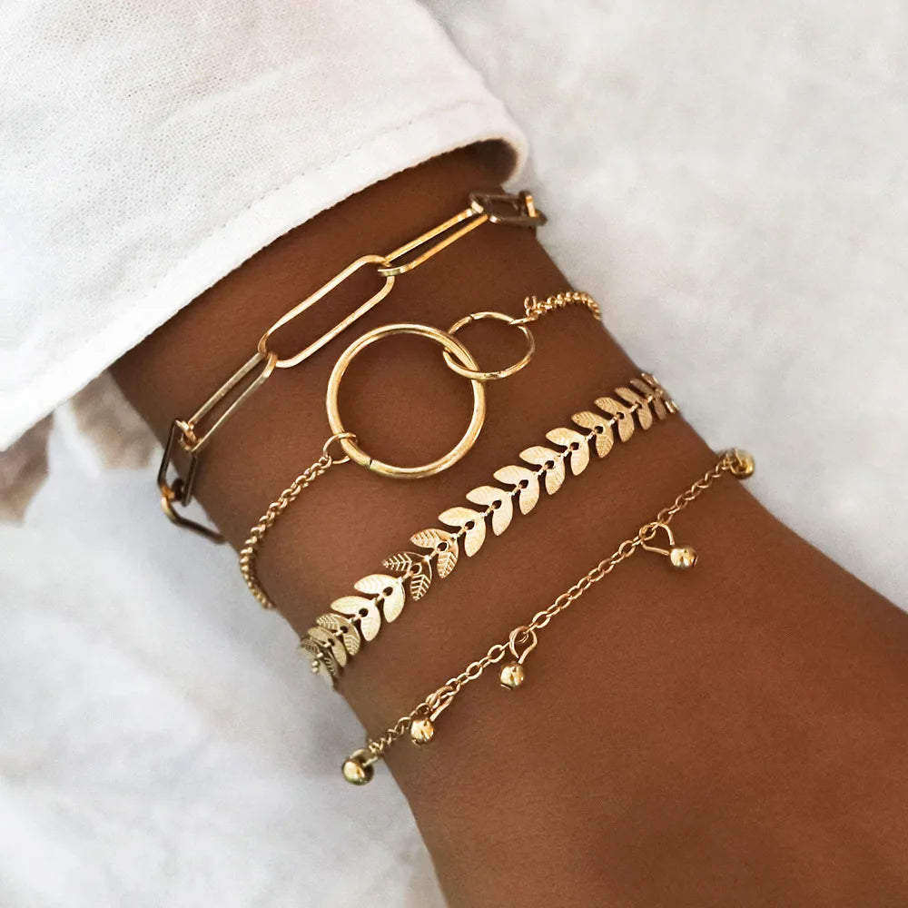 Trendy Geometric Link Chain Tassel Bracelet Set for Women Gold Color Leaves Heart Pendant Open Cuff Bangle Girls Jewelry