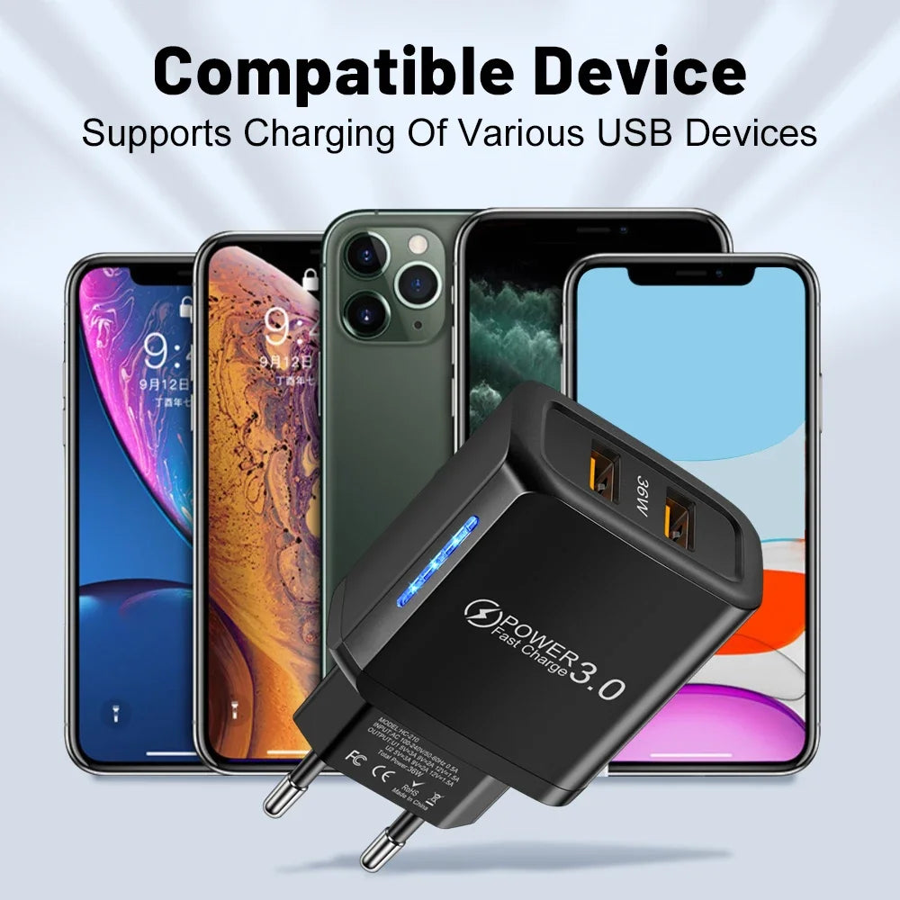 36W USB Mobile Phone Charger Quick Charge 3.0 Fast Charging Adapter For iPhone 16 15 pro Max Xiaomi 14 Samsung Huawei Chargers