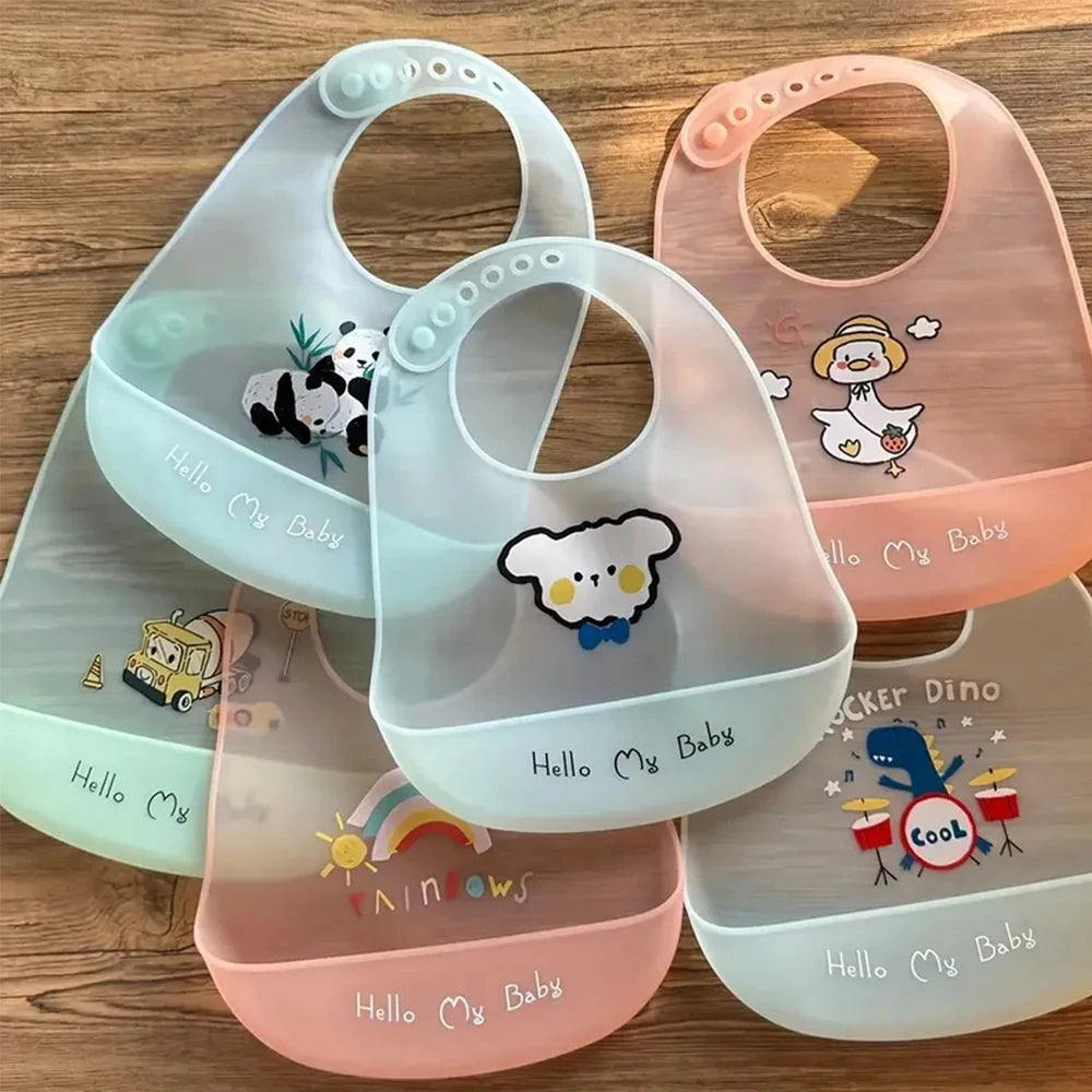 Waterproof Baby Bibs Baby Stuff Cute Cartoon Animal Printed Kids Bib Girl Boy Adjustable Soft Silicone Bib Baby Feeding Stuff