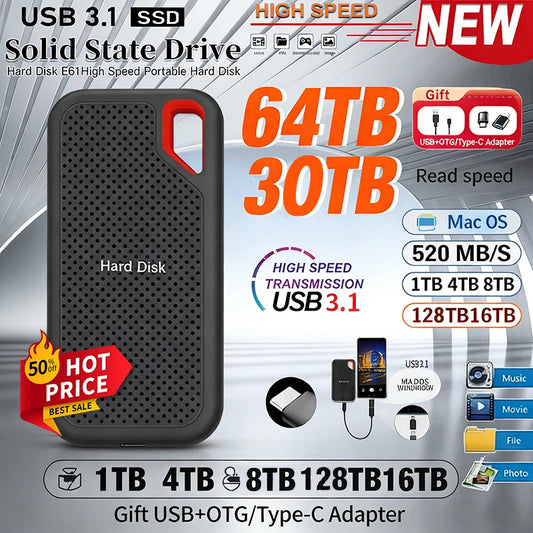 Portable SSD 128TB High-quality Hard Drive 1TB/2TB Original Hard Disk USB 3.1 High Speed Storage Device for Laptop/PC/Phone/Mac