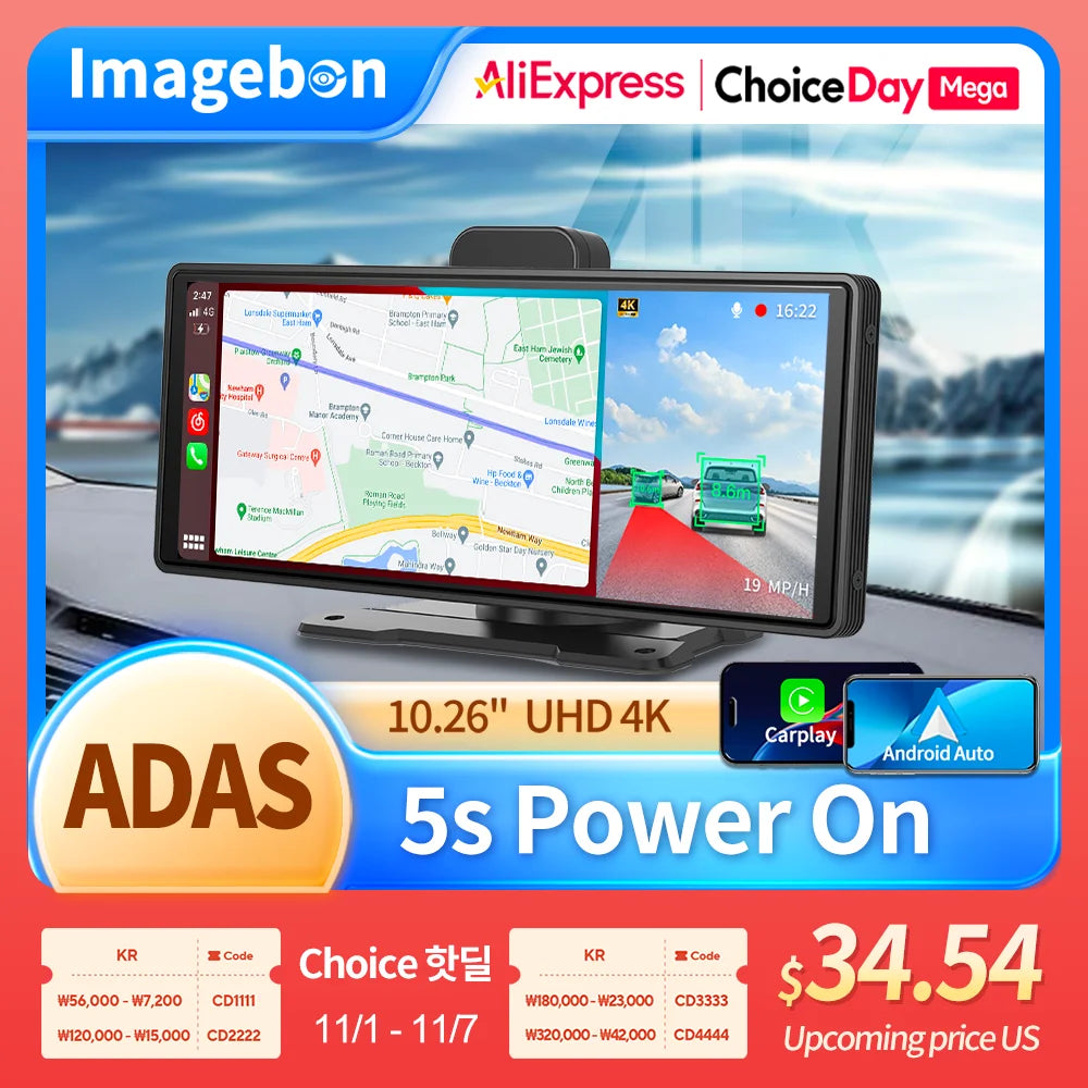 10.26" 4K Dash Cam ADAS Wireless Carplay & Android Auto Car DVR 5G WiFi GPS Navigation Rearview Camera Dashboard Video Recorder