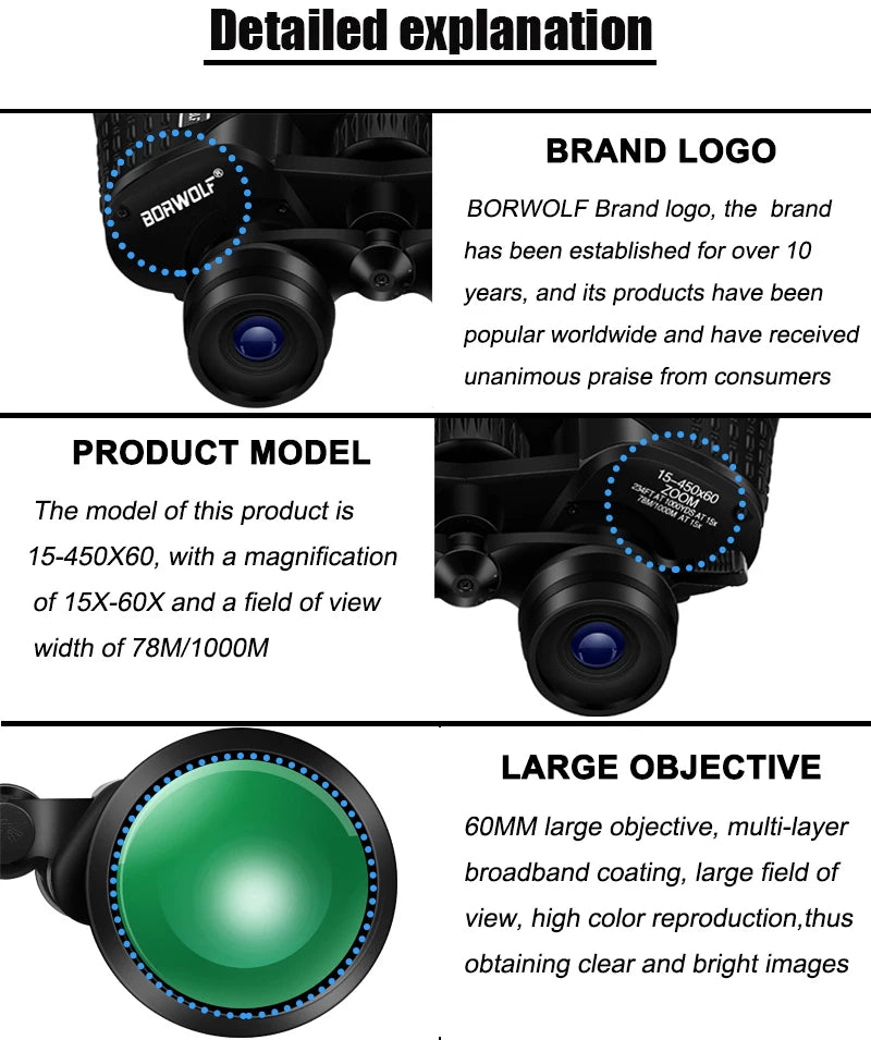BORWOLF 15-450X60 Binoculars Telescope HD Light Night Vision Bak4 Prism Professional Zoom Powerful for Hunting Bird Watching