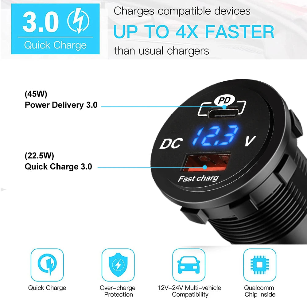60W PD QC3.0 Car Charger Socket with Voltage Meter Quick Charge 3.0 Socket Power Outlet for 12V/24V Motorcycle Truck Boat