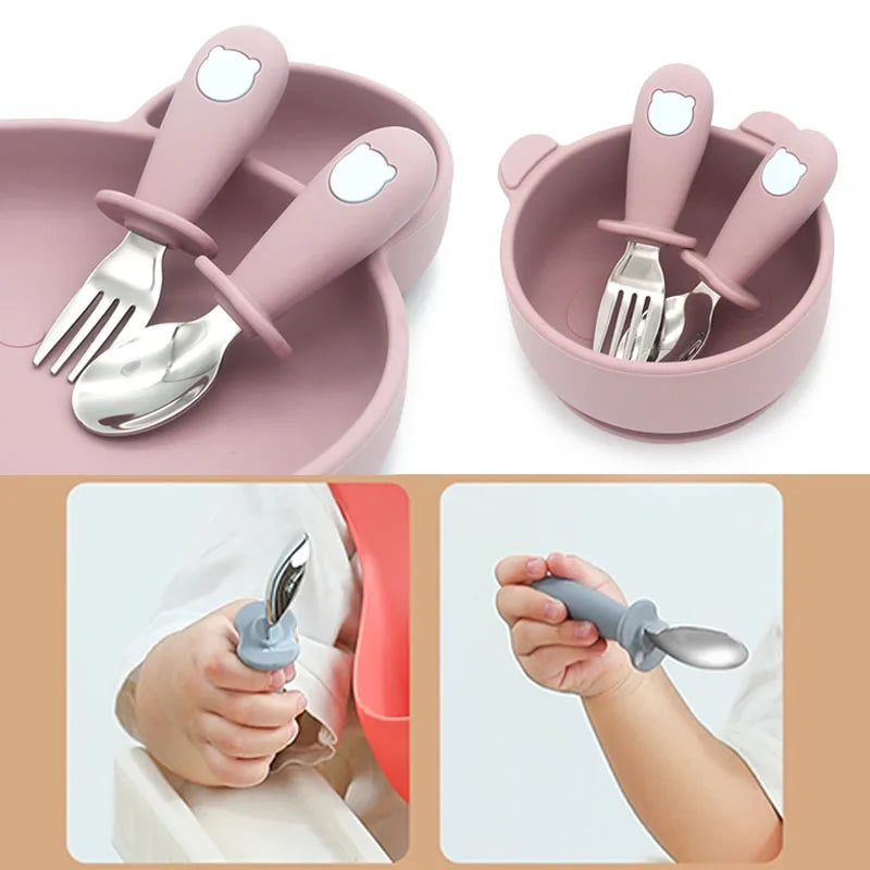 Baby Cartoon Tableware Set Children Utensil Stainless Steel Toddler Dinnerware Cutlery Cartoon Infant Food Feeding Spoon Fork