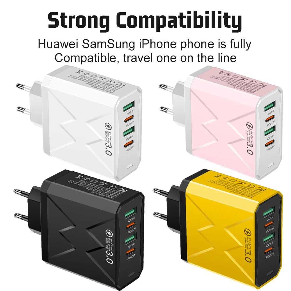 PD 25W USB C Charger 4 Ports 45W Fast Charging Type C Phone Adapter For iPhone 15 14 Samsung Xiaomi Quick Charge3.0 Wall Charger