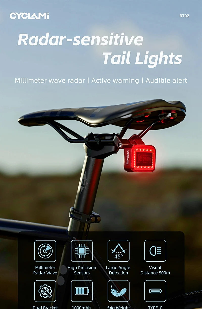 CYCLAMI Bicycle Intelligent Radar Taillight Bike Smart Brake Sensing Rear Lamp with Beeper Alarm Cycling Safety Tail Light RT02