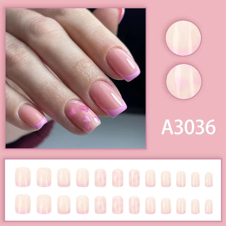 Watercolor Rose Fake Nail with Jelly sticker Press on False Nails Wearable Round Head Oval Full Cover Nail Tips