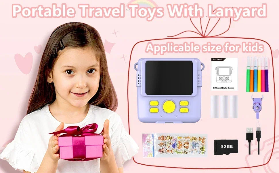 Portable Instant Print Camera for Kids - 1080P HD Video Camera with 3 Rolls Photo Paper and 32GB Card, Perfect Toy for Toddlers