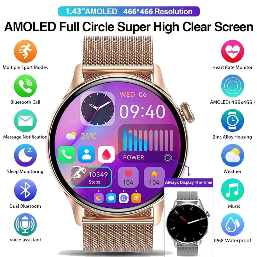 SENBONO Smartwatch Women AMOLED 1.43" HD Screen Always Display NFC Time Bluetooth Call IP68 Waterproof Sports Smart Watch Men