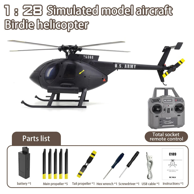 1:28 C189 RC Helicopter MD500 Brushless Dual-motor Remote Control Model 6-Axis Gyro Aircraft Toy One-click Takeoff/landing