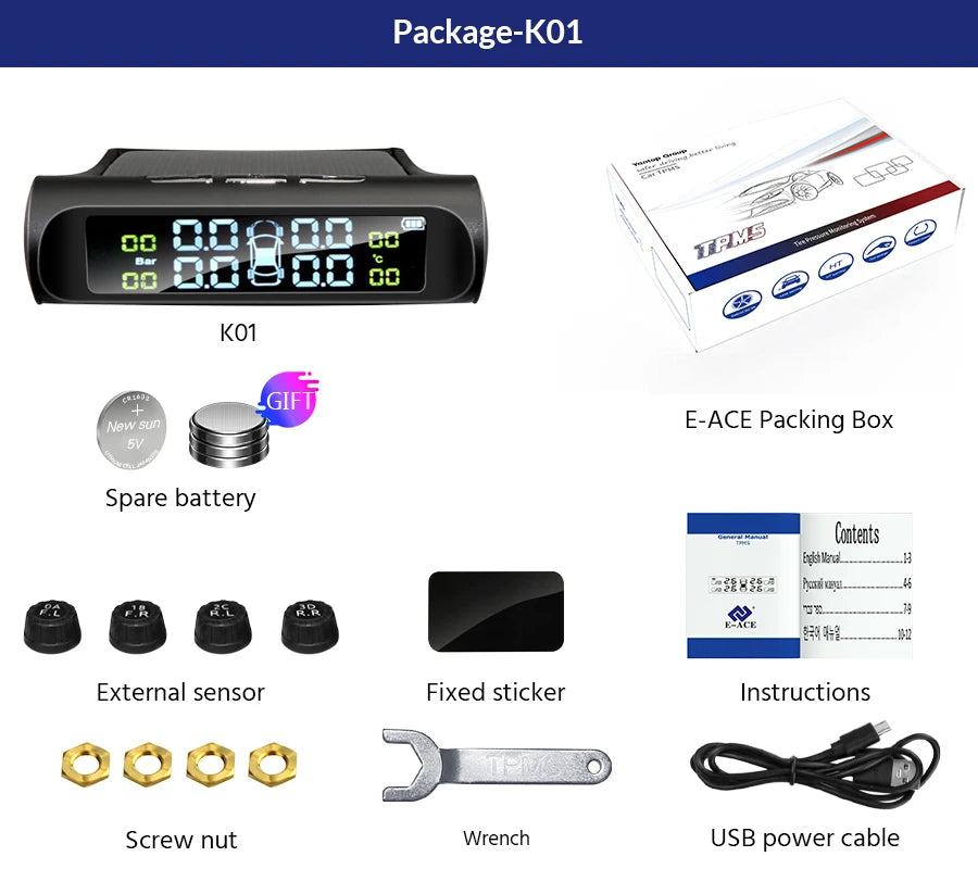 E-ACE K01 TPMS solar sensor intelligence  Wireless Tire Pressure Monitoring System  Auto Security Alarm Device With 4 sensors