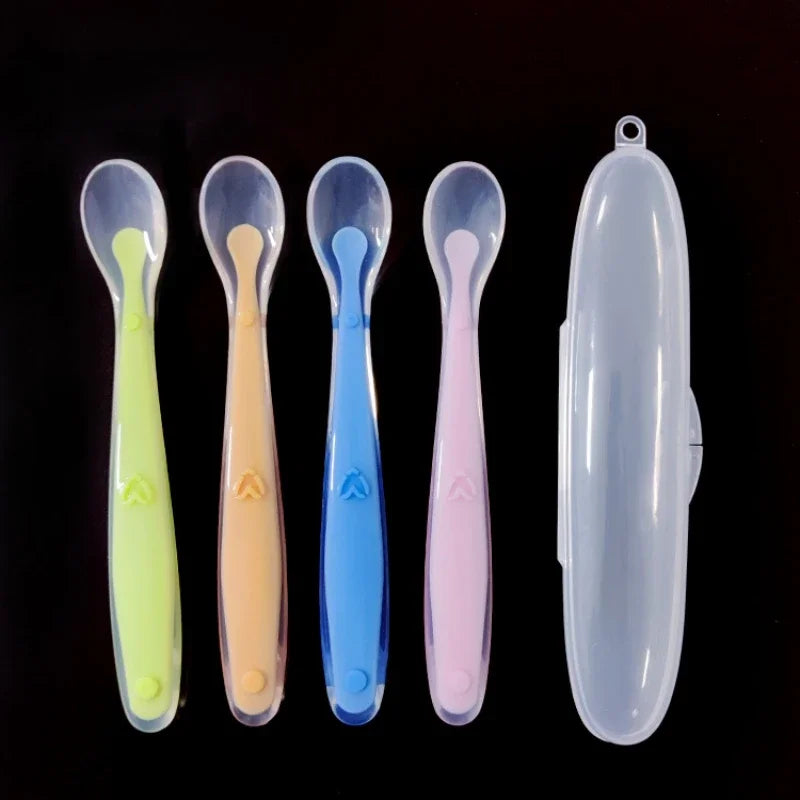 Baby Soft Silicone Spoon with Storage Box Candy Color Temperature Sensing Spoon Children Food Feeding Dishes Feeder Appliance