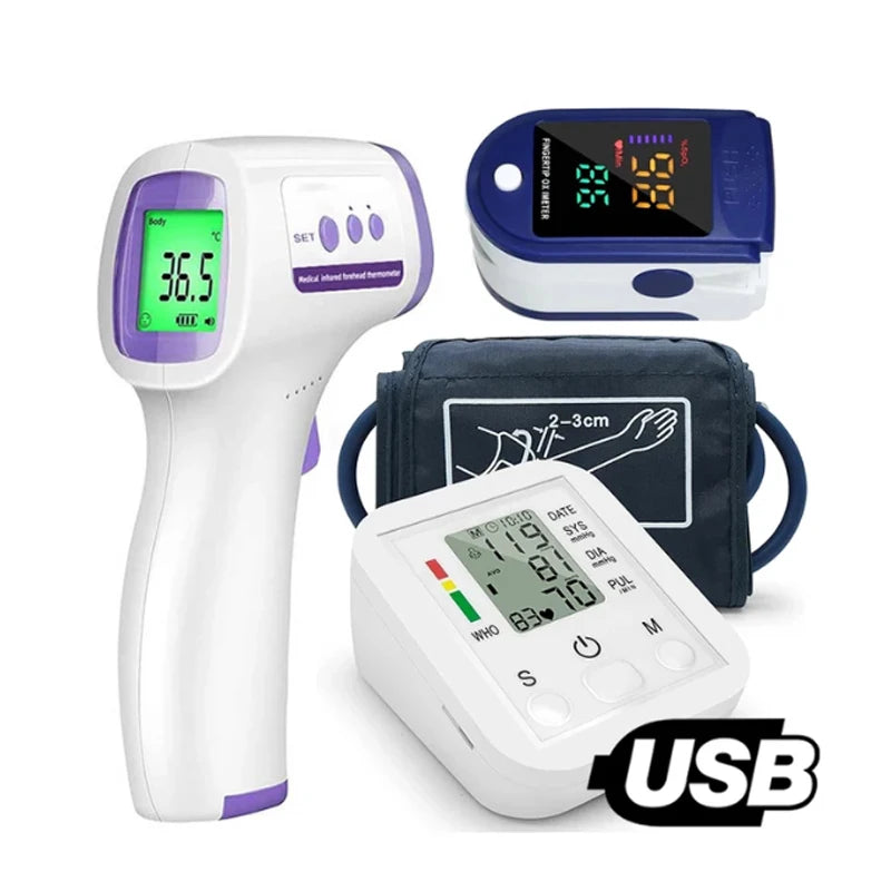 Three-in-one 2 Direction Display Pulse Oximeter 3 Colors Backlight Infrared Thermometer Automatic Blood Pressure Monitor