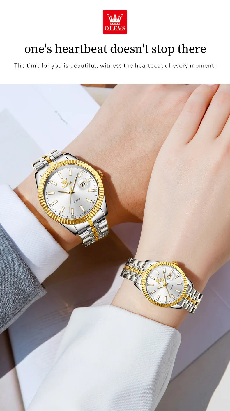 OLEVS 5593 Couple Watch Fashion Business Waterproof Stainless Steel Watch Luxury Brand Classic Date Week Clock Men Women Watch
