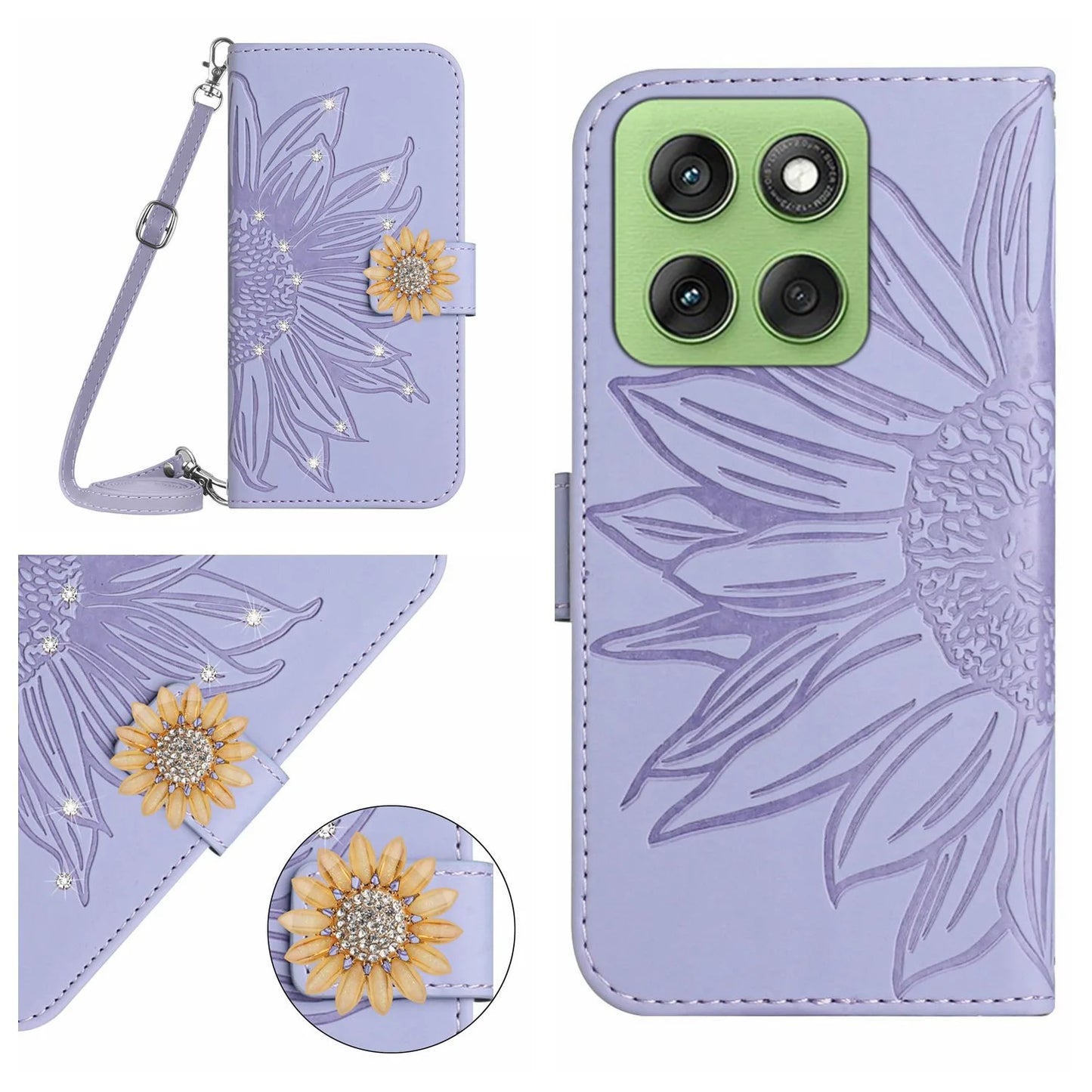 Sunflower Crossbody Wallet Book Case For VIVO V60 V50 V40 V27 V25 V23 V21 V20 T2 T1 Leather Lanyard 3 Cards Anti Drop Flip Cover