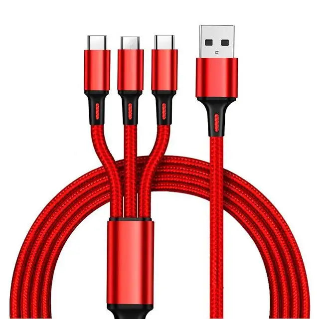 2.4A Braided One Drag Three USB-A For Apple Android Type-c/USB-C Fast Charging Cable 1.2m  3in1 Black Silver Red Blue Golden
