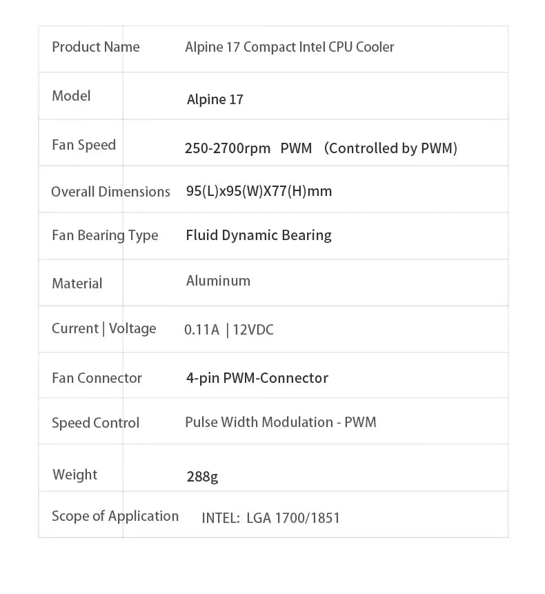 ARCTIC Alpine 17 - Intel CPU Cooler, 92 mm PWM Fan, Radial Heatsink, Top Blower, Intel LGA 1700, 4-Pin Connector