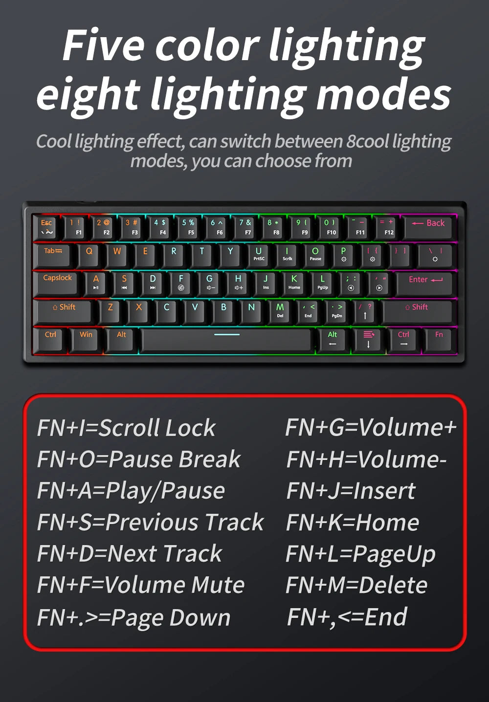 MUCAI MK61 USB Gaming Mechanical Keyboard 61 Keys Red Switch Wired Detachable Cable RGB Backlit Hot Swappable
