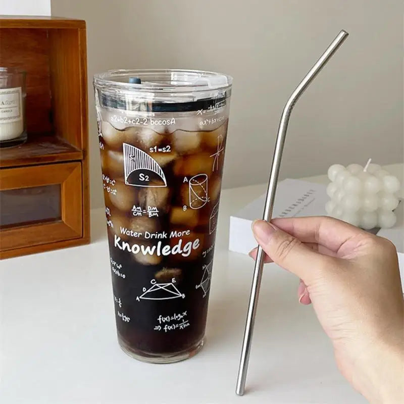 Utensils Cup With Lid And Stainless Steel Straw Milk Juice Mug 400-1000ml Large Capacity Mathematical Pattern Clear Glass Cup