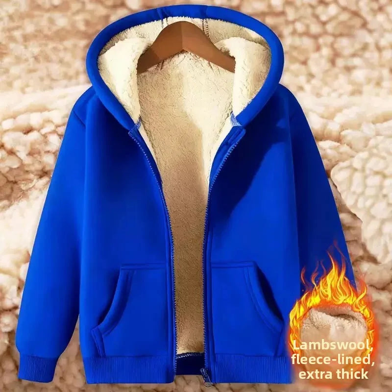 Autumn and winter sherpa jacket heavyweight velvet thickened men's sweatshirt solid color tops teenagers hooded cardigan men