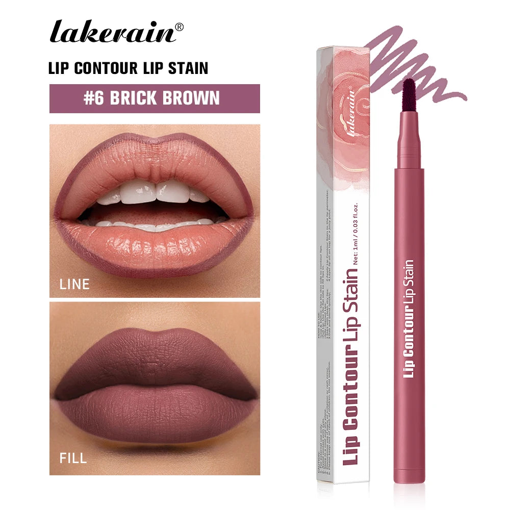 2-in-1 Lip Contour Lip Stain Pen Smudge-proof Non-stick Cup Moisturizing Lip Makeup Cosmetic Dual-Sided Tip Lip Stain & Liner