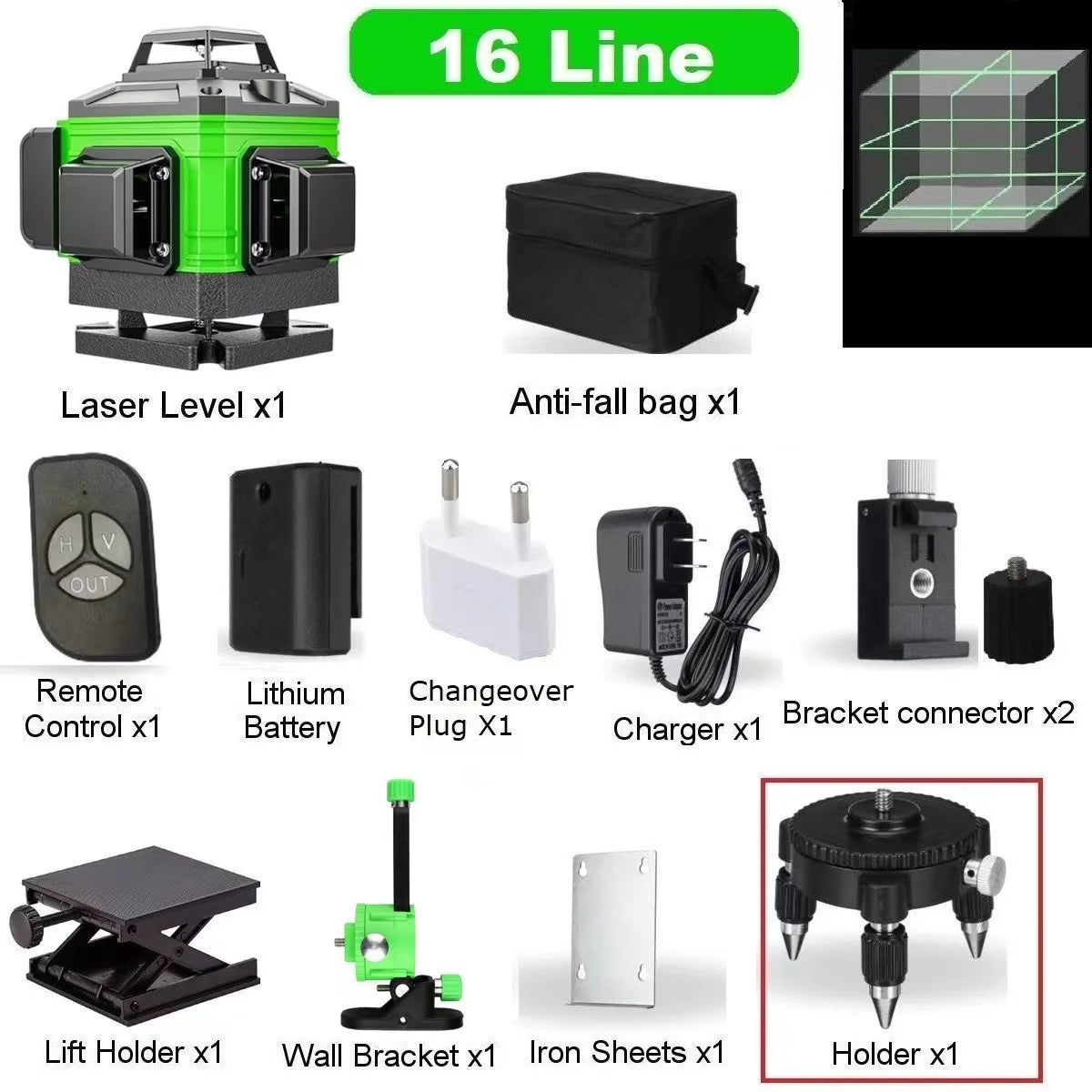 4D 16Lines Green Light High-precision Automatic Line-laying Stick To The Wall Laser Level Instrument Construction Tools