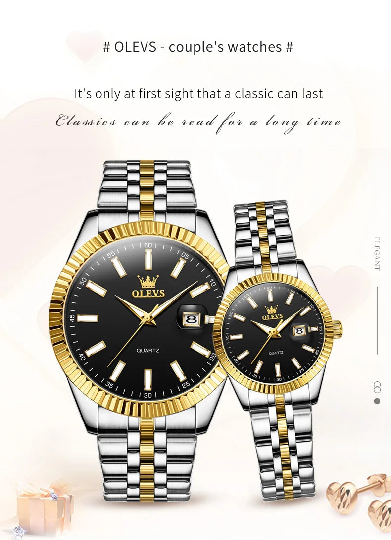 OLEVS 5593 Couple Watch Fashion Business Waterproof Stainless Steel Watch Luxury Brand Classic Date Week Clock Men Women Watch