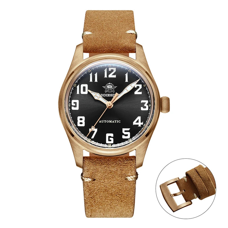 ADDIESDIVE 39mm Vintage CuSn8 Bronze Diver 200m Men's Watch Bubble mirror sapphire glass Automatic Mechanical Leather Strap