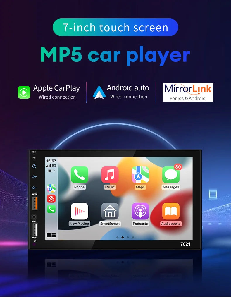 Acodo 7Inch Carplay Android Auto Player Dual USB Capacitive Screen Touch HD Car MP5 Player USB FM Bluetooth TF Card Touch Screen