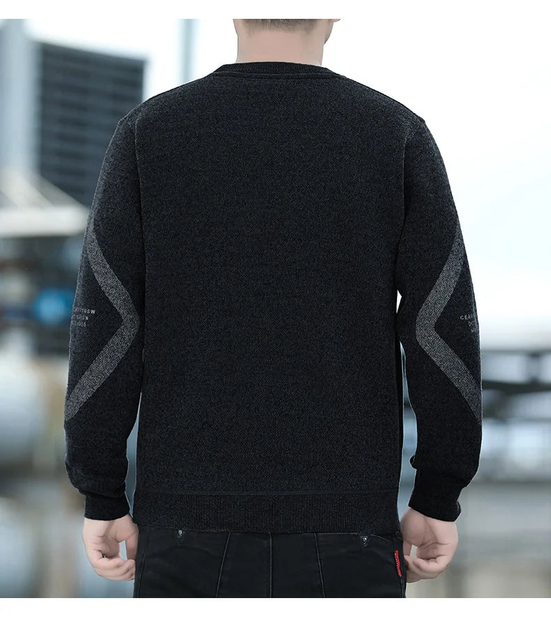 Mens Thickened Sweater Stripe Velvet Pullover Men's Winter Clothes Elegant Luxury Brand Fashion Knitted Sweaters