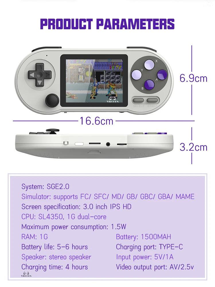 SF2000 Portable Handheld Game Console 3 Inch IPS Retro Video Game Player Built-in 6000 Games For SFC FC GBA Kid Gift AV Output