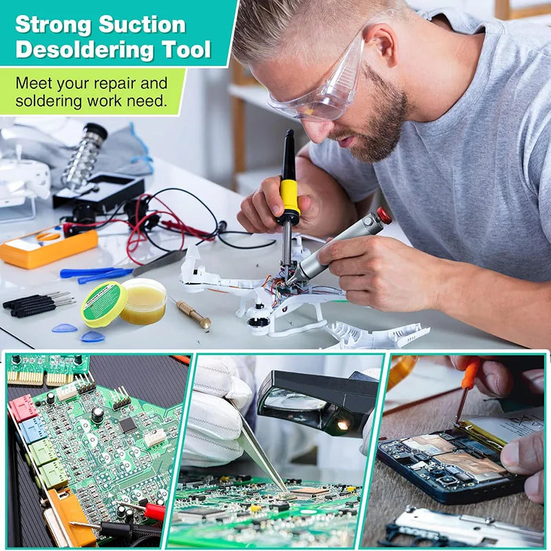Solder Sucker Non-Clog Desoldering Pump for Removing Solder with Replaceable Heat-Resistant Silicone Tip and Spare Metal Tip