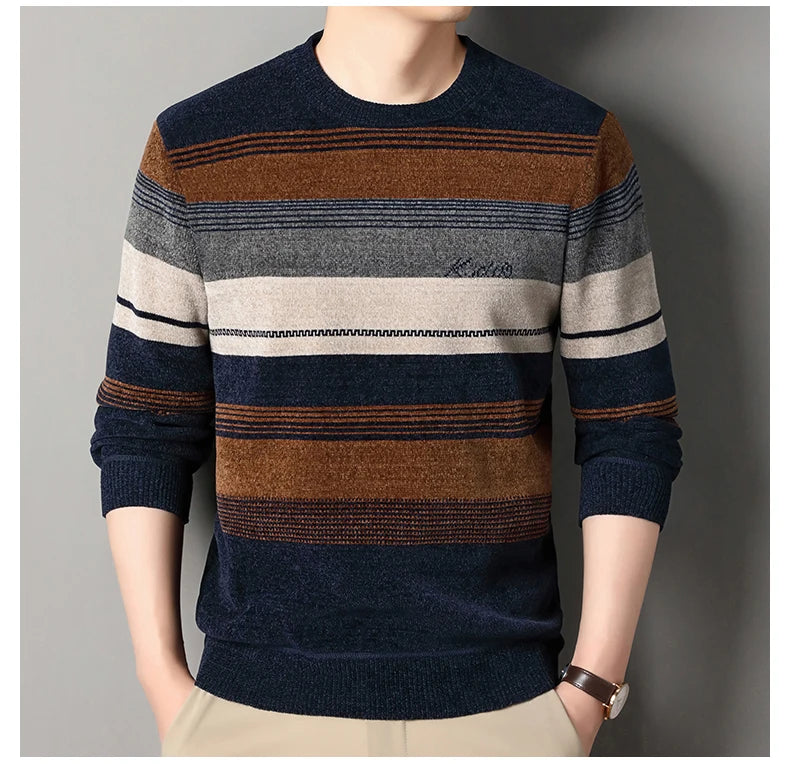 Mens Thickened Sweater Stripe Velvet Pullover Men's Winter Clothes Elegant Luxury Brand Fashion Knitted Sweaters