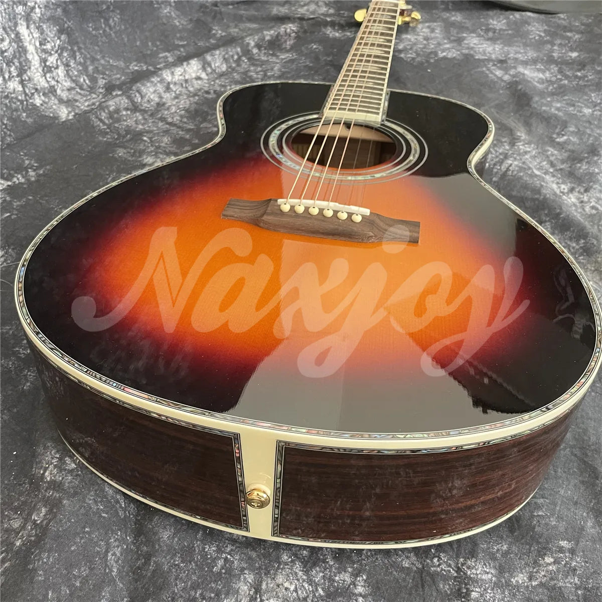 Sunburst Solid Spruce Acoustic Guitar 40 Inches OM Type 45 Model Rosewood Body Abalone Inlays Ebony Fingerboard