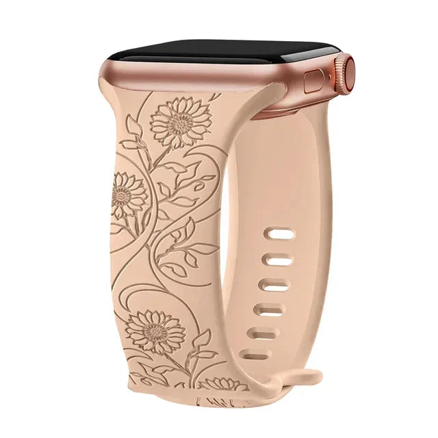 Floral Engraved Strap For Apple Watch Band 40mm 44mm 41mm 49mm 45mm 38mm 42mm silicone bracelet iwatch series 9 7 se 6 8 ultra 2
