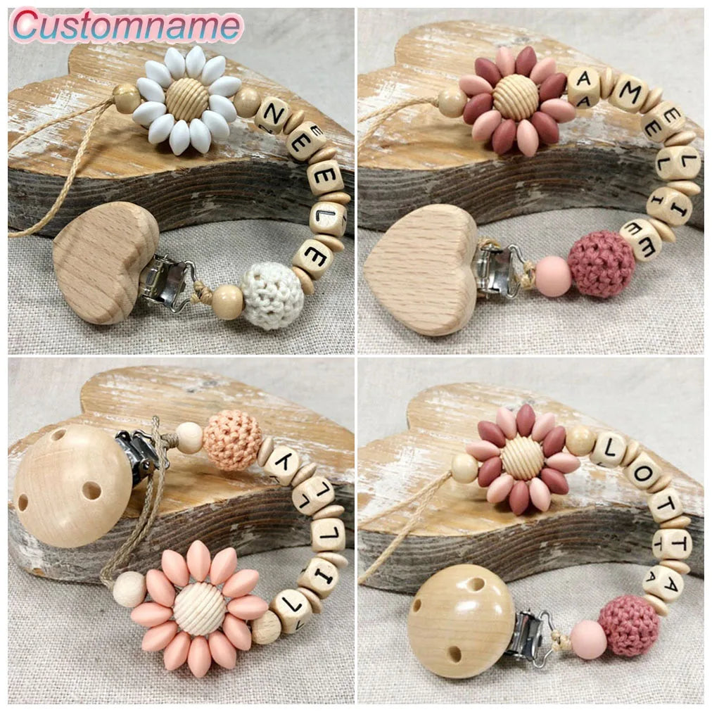 Custom Name Silicone Beads Wooden Ring Pacifier Clips Safe Teething Chains Baby Teether Eco-friendly Dummy Beech Clips Holder