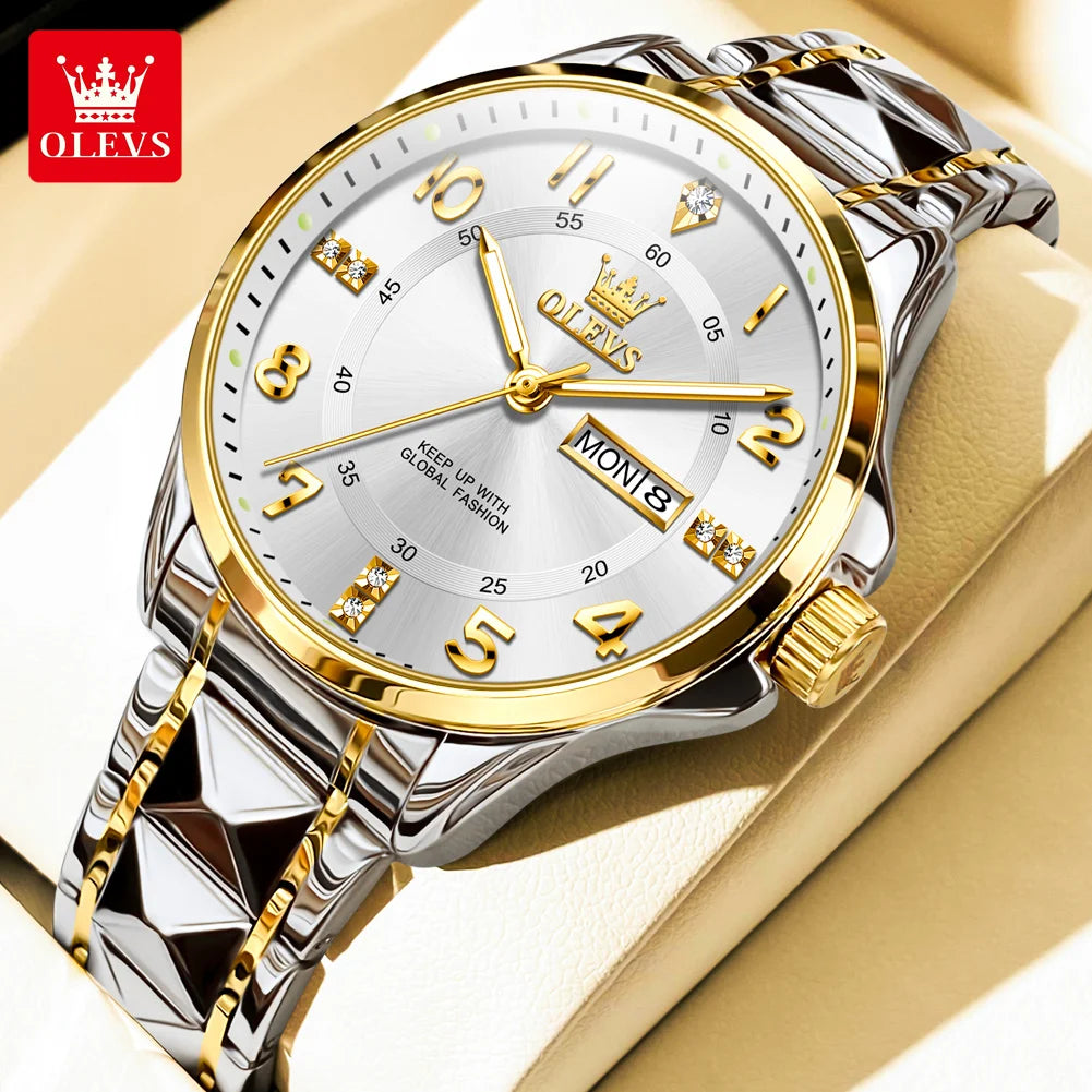 OLEVS 2910 Luxury Men Women Couple Watch Dual Calendar Display Waterproof Stainless Steel Clock Gold Diamond Couple Quartz Watch