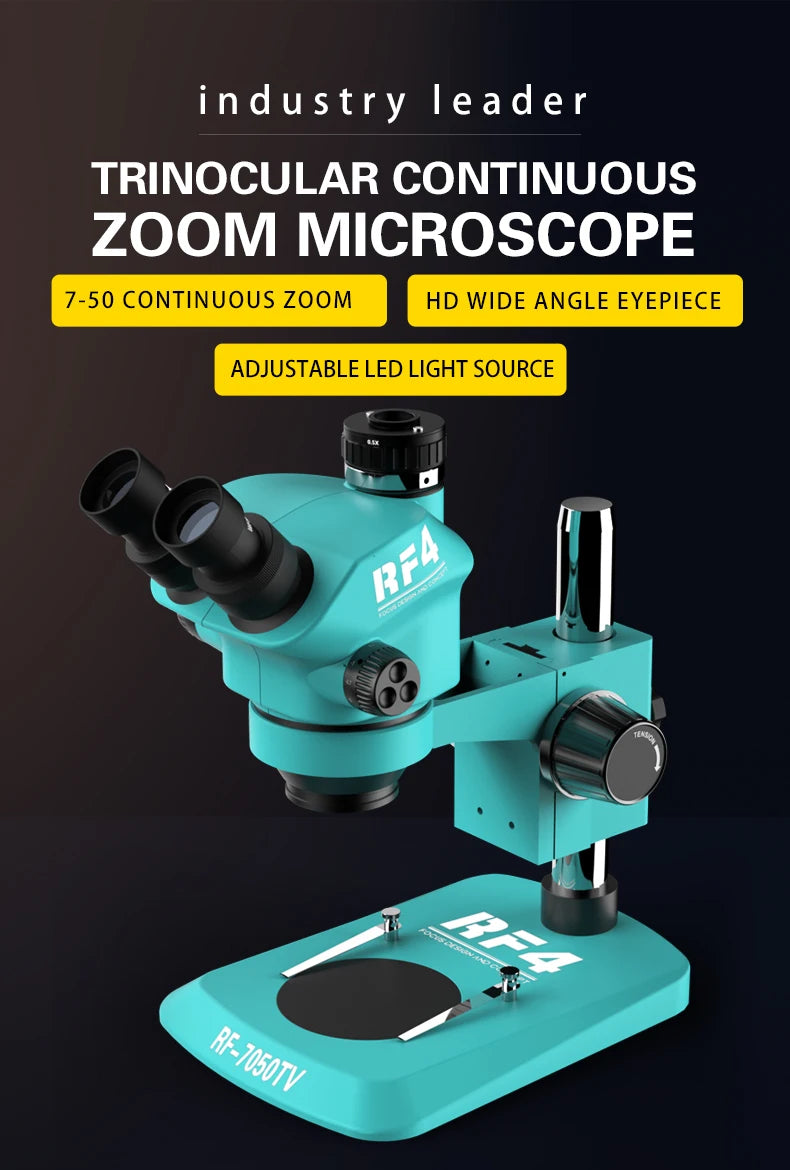 RF4 7-50X Trinocular Continuous Zoom Stereo Microscope WF10X/22mm Eyepiece Suitable for Mobile Phone PCB Welding Microscope Tool