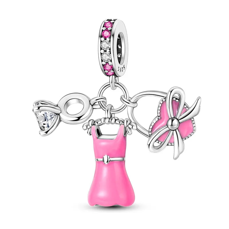 925 Sterling Silver Princess Powder Series Exquisite Daily Bow Sweet Charms Beads Fit Pan Original Bracelets DIY Jewelry
