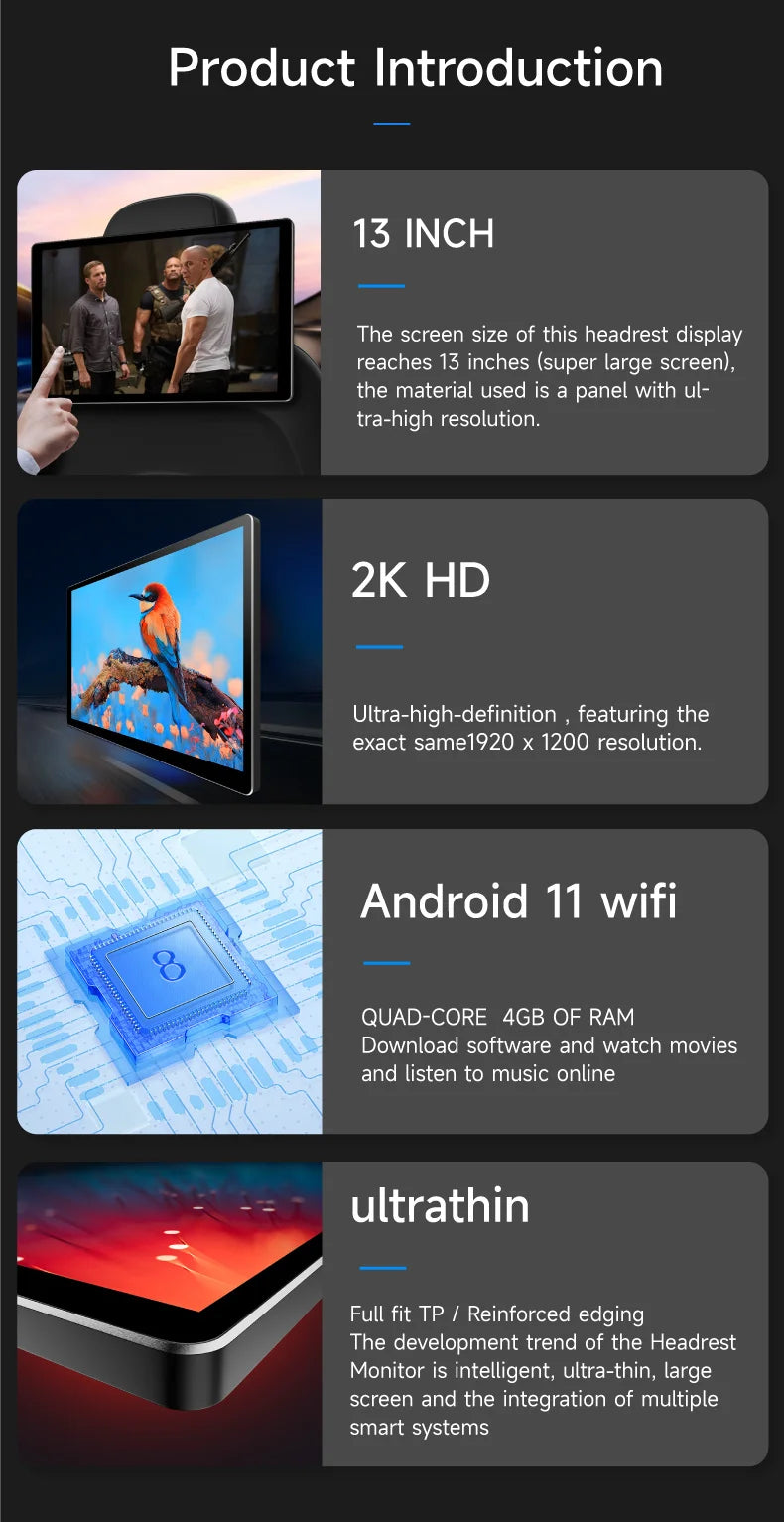 13" Headrest Monitor Android 12 Car Display IPS  2K HD For Car Rear Seat Tablet Touch Screen Video Music TV Player HDMI Input