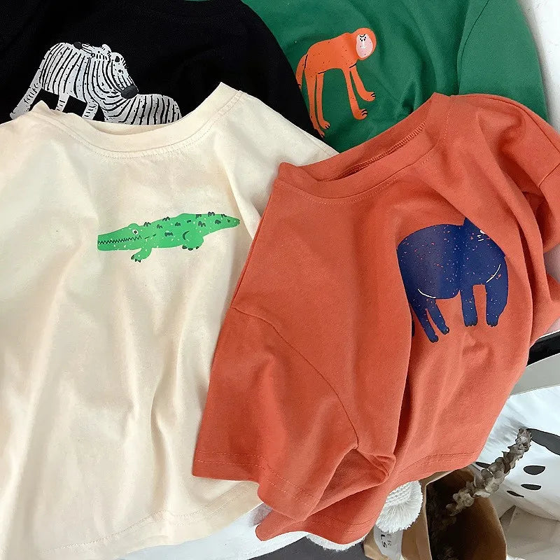 Animal Pattern Baby Boys Girls Short Sleeve Tops Kids Tees Summer Clothing Loose Fashion Trendy Children's Wear T-shirt O-neck