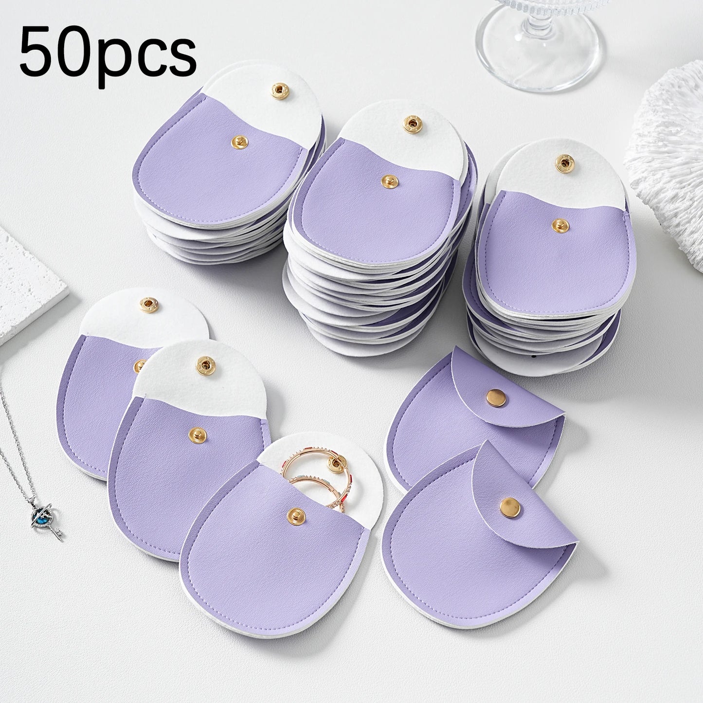 50Pcs Bulk Purple PU Leather Gold Button Snap Pouch Wedding Earring Ring Storage Party Gift Display Travel Packaging Bags