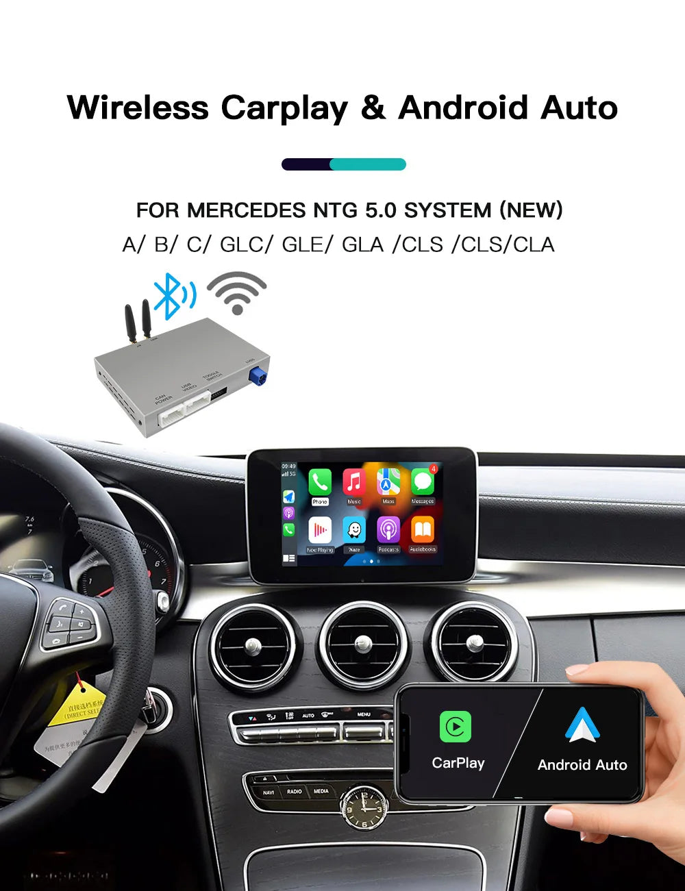 AUTOABC Wireless CarPlay Android Auto  for Mercedes Benz A B C E Class GLA CLA CLE  W205 W176 C117 W246 W167 NTG5.0 Mirror Link