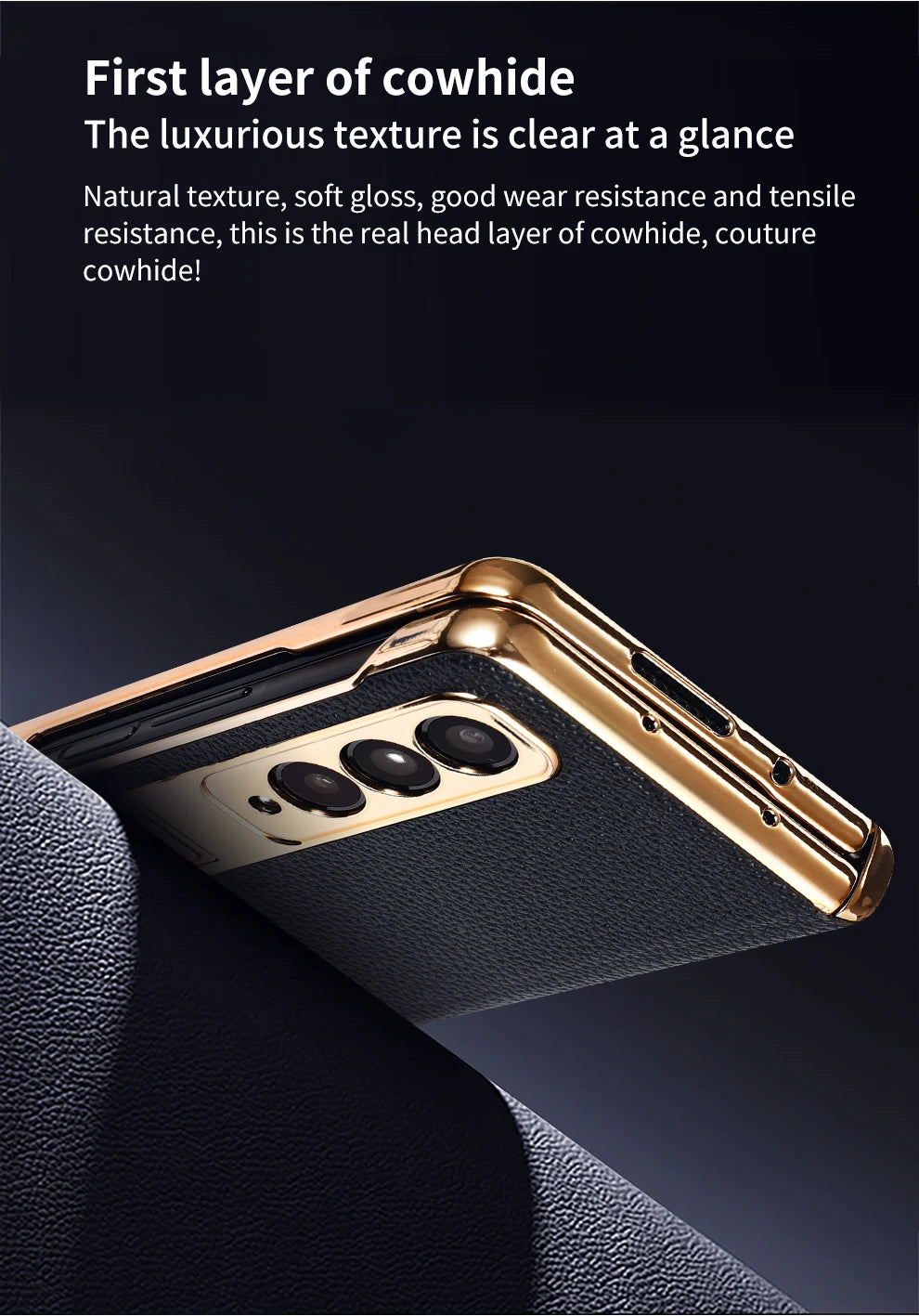 LANGSIDI Leather Case for Samsung Galaxy Z Fold 7 6 5 4 3 Fold6 Fold7 Gold Plating Magnetic Hinge Stand Cover with Mirror Film