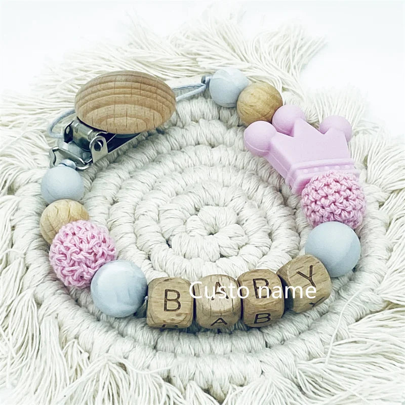 Custom Name Silicone Beads Wooden Ring Pacifier Clips Safe Teething Chains Baby Teether Eco-friendly Dummy Beech Clips Holder